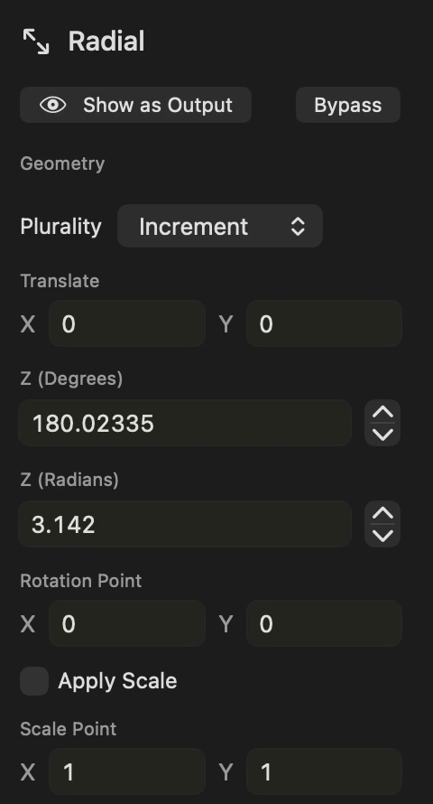 Close-up of the Mac Radial inspector showing translation, rotation in degrees and radians, and the rotation point.